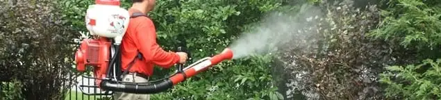 Mosquito control technician fogging shrubs and landscaping for mosquito treatment in West Palm Beach, FL