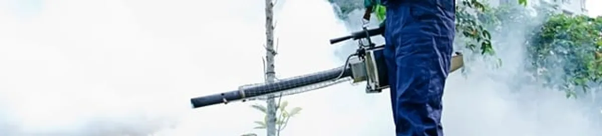 Pest control technician fogging an outdoor area for insect control in West Palm Beach, FL