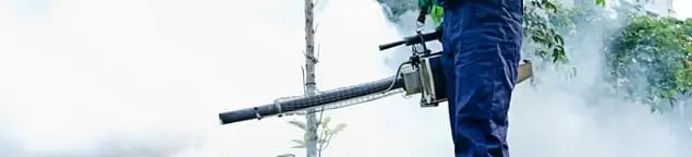 Pest control technician fogging an outdoor area for insect control in West Palm Beach, FL